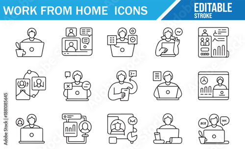Work from home line icons set. Editable stroke vector collection of remote work, telecommuting, video conference, and productivity symbols.