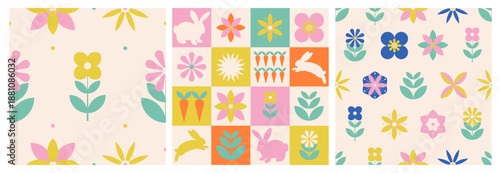 Happy Easter set of seamless pattern in geometric style with Bunnies, carrot and flowers. Design for fabric, textile, wallpaper and decoration. Vector illustration.