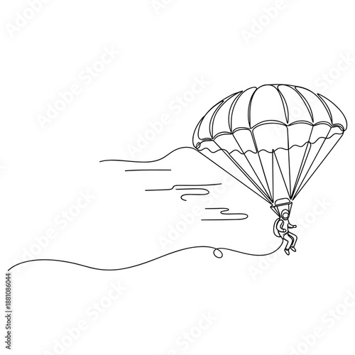 Paragliding adventure: continuous line art of parachuting human silhouette, no editable stroke
