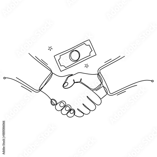 Handshake with money symbolizing business agreement and financial deal in line art style, no editable stroke