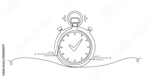 Minimalist outline of stopwatch with timer checkmark symbol, no editable stroke