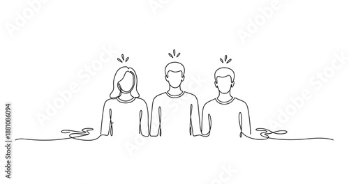 Continuous line drawing of three people discussing ideas, no editable stroke