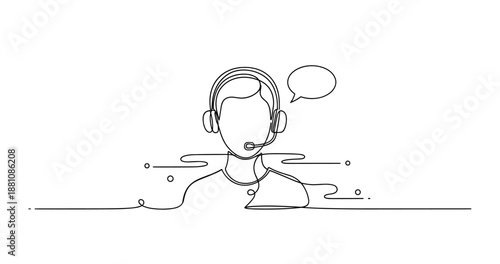 Minimalistic line art of male call center agent with headset, no editable stroke