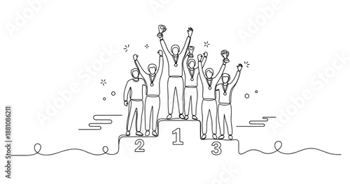 Line art of diverse winning group celebrating on podium with trophies and medals, no editable stroke