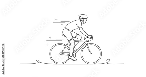 Outline of male cyclist in motion riding a bicycle with helmet, no editable stroke