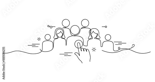 Hand selecting person from group in minimalist line art style, no editable stroke