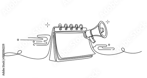 Sketch of desk calendar with megaphone for event marketing concept, no editable stroke