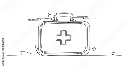 Continuous line drawing of medical first aid kit with cross symbol, no editable stroke