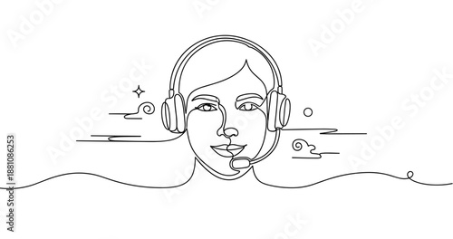 Female customer service representative wearing headset line art illustration, no editable stroke