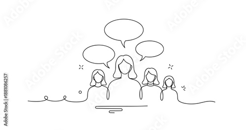 Line art of people engaging in conversation with speech bubbles, no editable stroke