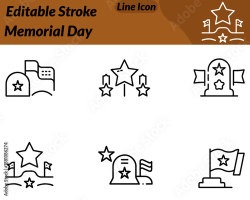 A respectful flat vector icon featuring a calm friendly character honoring Memorial Day. The character stands or salutes beside a small U.S flag wreath star with subtle patriotic elements like red.