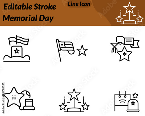 A respectful flat vector icon featuring a calm friendly character honoring Memorial Day. The character stands or salutes beside a small U.S flag wreath star with subtle patriotic elements like red.