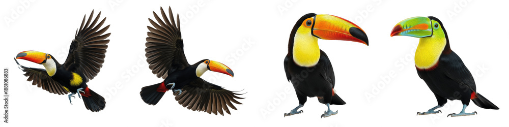 Fototapeta premium Realistic Toco Toucan Bird Collection Featuring Dynamic Flying and Standing Poses With Vibrant Orange Beaks Isolated on White Background PNG Mockup for Nature and Wildlife Illustration