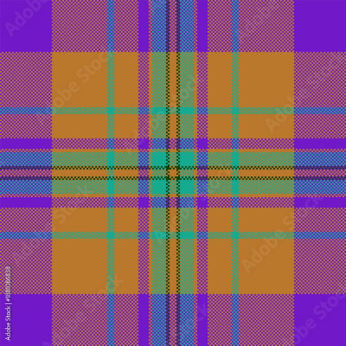 Clan seamless tartan texture, cloth background vector check. Rough fabric plaid textile pattern in orange and violet colors.