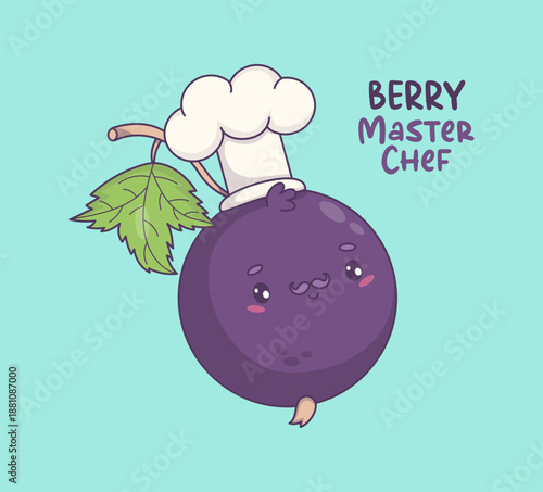 Chef Blackcurrant Character. Cute Kawaii Cartoon Berry Currant Mascot with Cook Hat and Mustache for Kitchen, Menu and Restaurant Design. Vector illustration