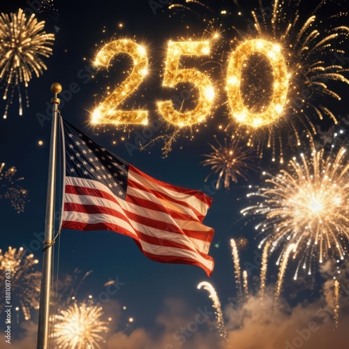 A vibrant fireworks display lights up the sky with the number 250, marking a significant birthday as the American flag waves proudly in the background 