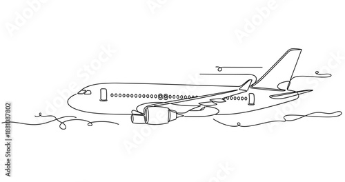 Continuous line drawing of a passenger airplane in flight. No editable strokes