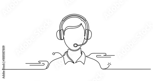 Line art customer service representative with headset in continuous line drawing. No editable strokes