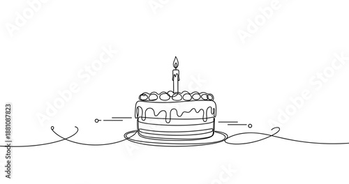 Minimalist line art birthday cake with candle. No editable strokes
