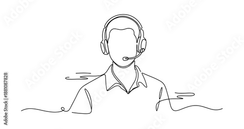 Continuous line drawing of male customer service representative with headset. No editable strokes
