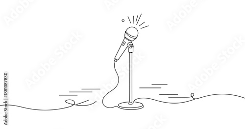 Minimalist line art microphone illustration on stand with cable. No editable strokes