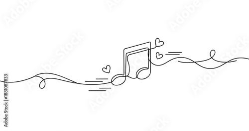 Continuous line art of musical note with flowing hearts and lines. No editable strokes