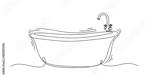 Minimalist line drawing of a classic freestanding bathtub with faucet. No editable strokes