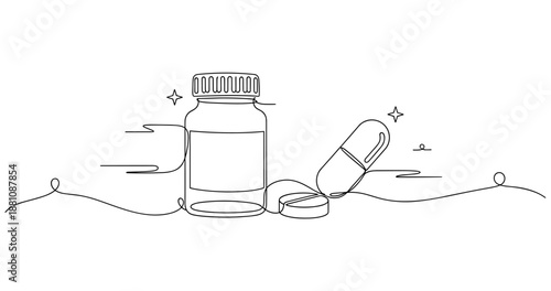 Minimalist line art of pill bottle and capsule with dynamic lines. No editable strokes