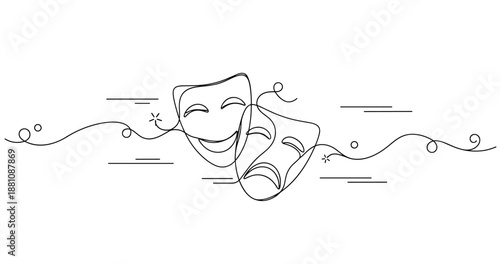 Minimalist line art: comedy and tragedy theater masks illustration. No editable strokes