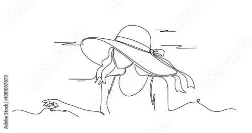 Female in large hat line art illustration. No editable strokes