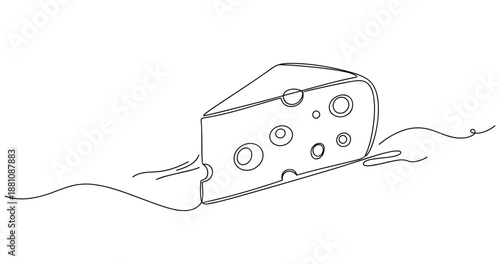 Minimalist line art of swiss cheese slice with holes and flowing lines. No editable strokes