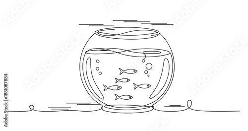 Line art illustration of fish swimming in a fishbowl. No editable strokes