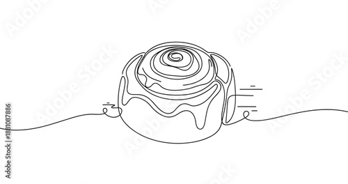 Minimalist continuous line art of a cinnamon roll with dripping icing. No editable strokes
