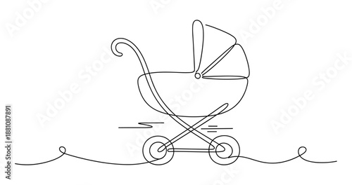 Minimalist continuous line drawing of baby stroller on white background. No editable strokes