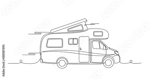 Continuous line art of camper van with pop-top for travel enthusiasts. No editable strokes