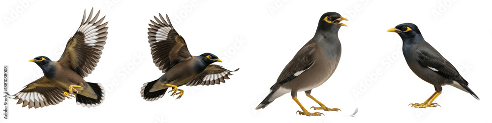 Obraz premium Realistic Common Myna Bird Collection Featuring Dynamic Flying and Standing Poses with Yellow Eye Patches Isolated on White Background PNG Mockup for Nature and Wildlife Illustration