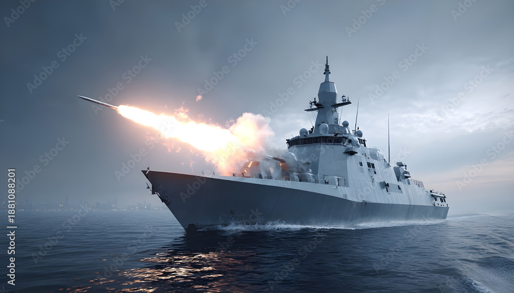 Naklejka premium naval vessel firing a missile.