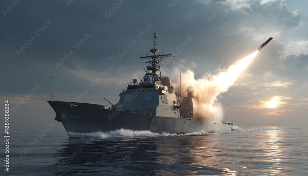 Naklejka premium naval vessel firing a missile.