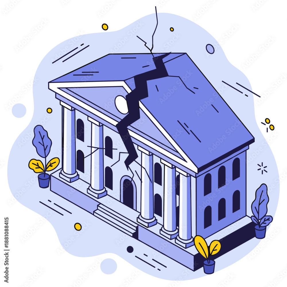 Naklejka premium Cracked building facade with columns and plants