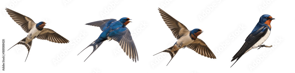 Obraz premium Realistic Barn Swallow Bird Collection Featuring Dynamic Flying Poses With Forked Tails and Blue Plumage Isolated on White Background PNG Mockup for Nature and Wildlife Design