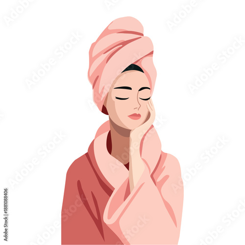 Woman in a bathrobe and a towel around her head isolated on white background. Modern flat minimal vector illustration. Wellness, self care, relaxation concept. 