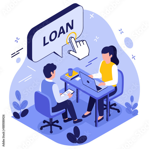 Caucasian male and female discussing online loan application at office desk