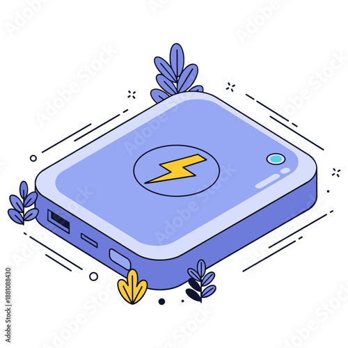 Portable power bank with lightning bolt symbol and decorative leaves