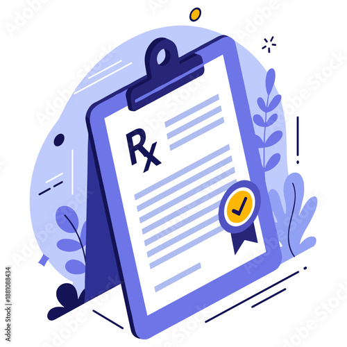 Prescription clipboard with checkmark symbol in blue abstract design
