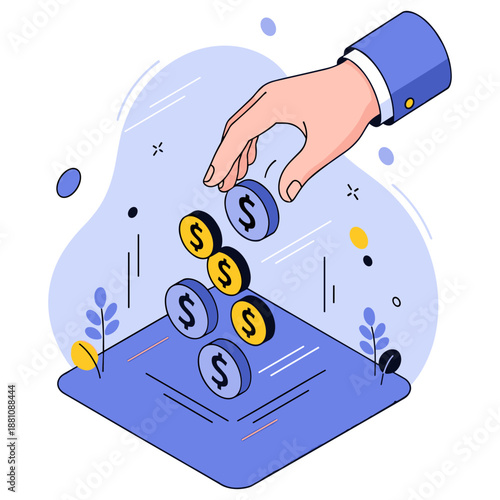 Hand placing coins on tablet for digital investment concept illustration