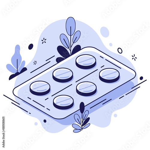 Minimalist blue blister pack design with abstract leaves