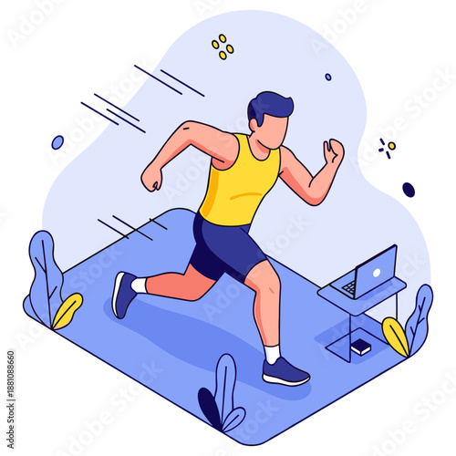 Male athlete running indoors near laptop: fitness and technology fusion