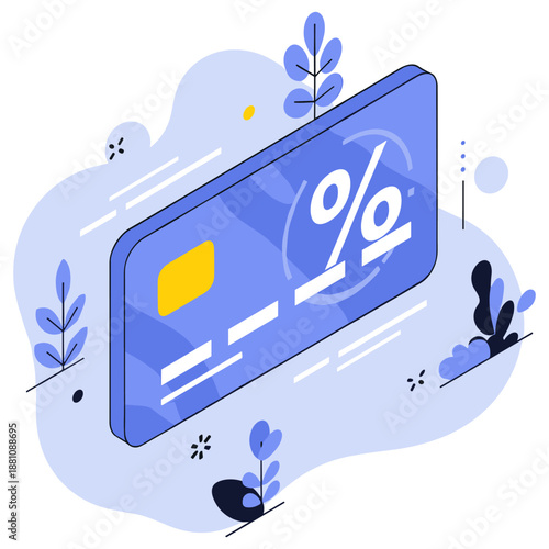 Abstract illustration of credit card with percentage symbol in blue tones