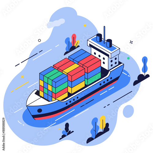 Colorful cargo ship with containers in geometric style design on water