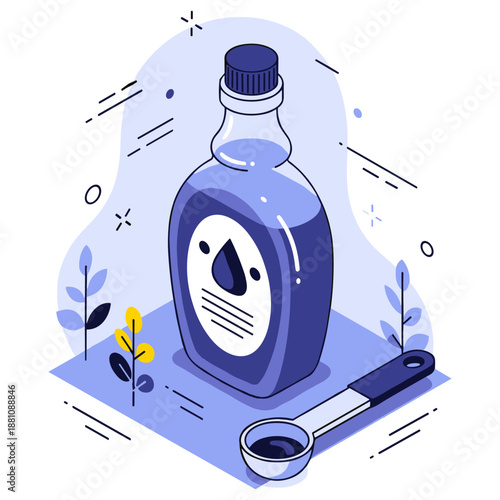 Isometric syrup bottle with measuring spoon and leaf accents in pastel colors